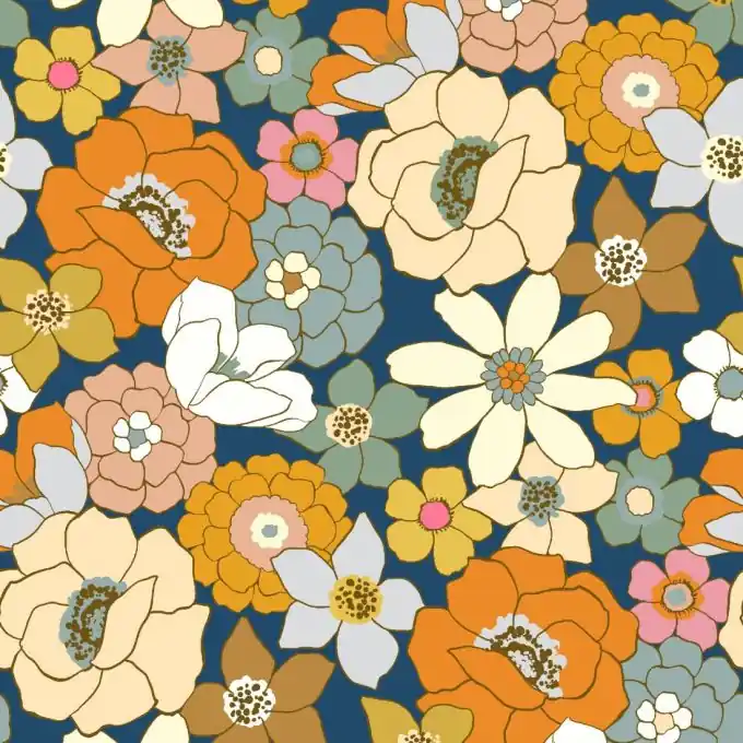 Twill Baumwolle Diditalprint Blumen 70s Blau Preisreduziert