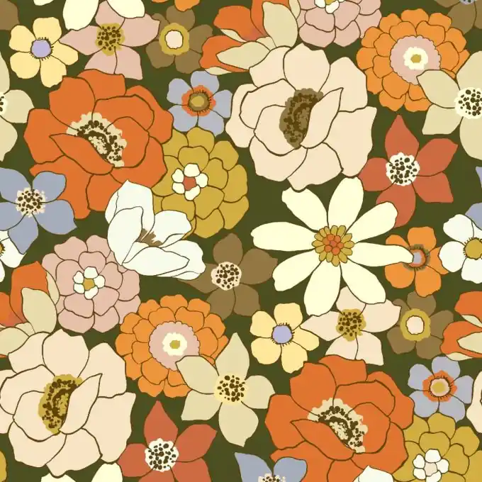 Baumwollköper Blumen 70er khaki Jetzt Zugreifen