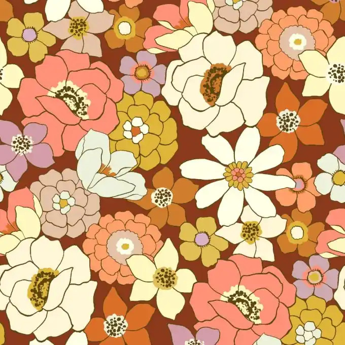 Kostenloser Rückversand Baumwollköper Blumen 70er terrakottafarben