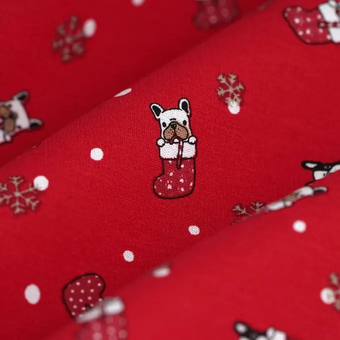 Weihnachtsstoff aus rotem Überraschungs-Bulldoggen-BaumwollStoff Abverkauf