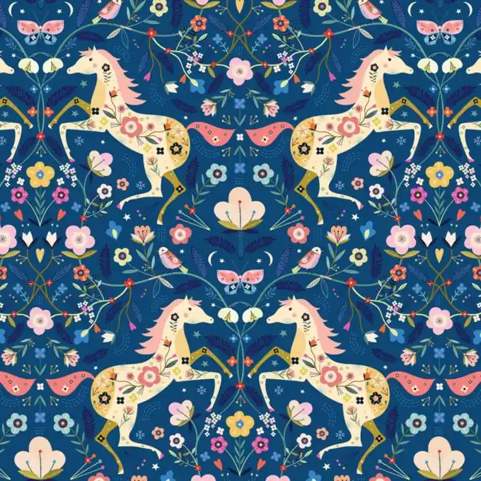 Popeline Baumwolle Dashwood blau Pferde Blumen Versand Am Gleichen Tag