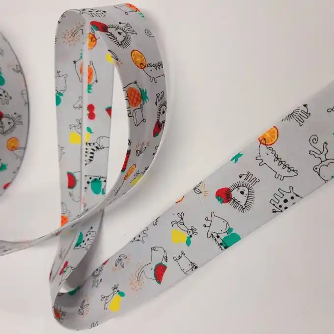 Schrägband aus Bio-Baumwolle Tiermotive für Kinder grau Großhandel