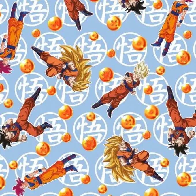Baumwollstoff Dragon Ball Z japanische Zeichen blau Preis Gesenkt