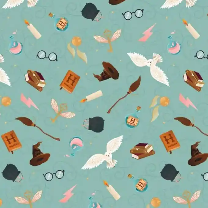 Limited Edition Baumwollstoff Harry Potter magische Objekte jadegrün