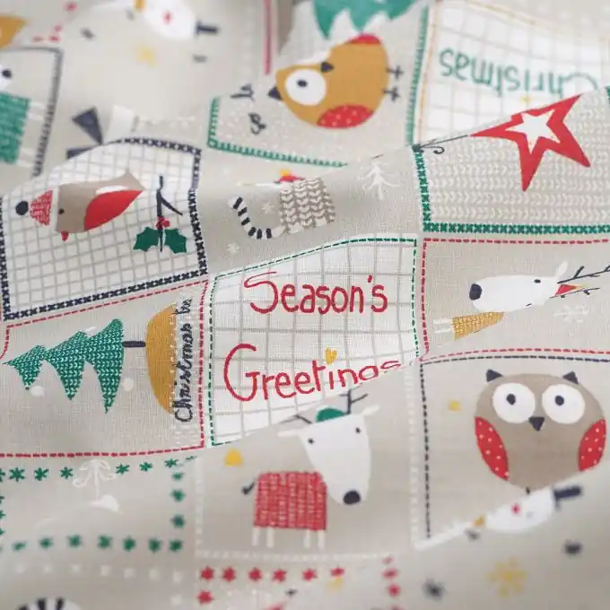 Cretonne-Stoff Season‘s Greeting Weihnachten beige Online Kaufen