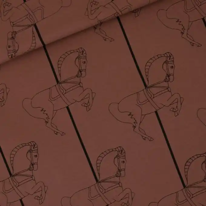 Schneller Versand French Terry „Karussellpferd“ Stoff Braun 150cm – See You At Six