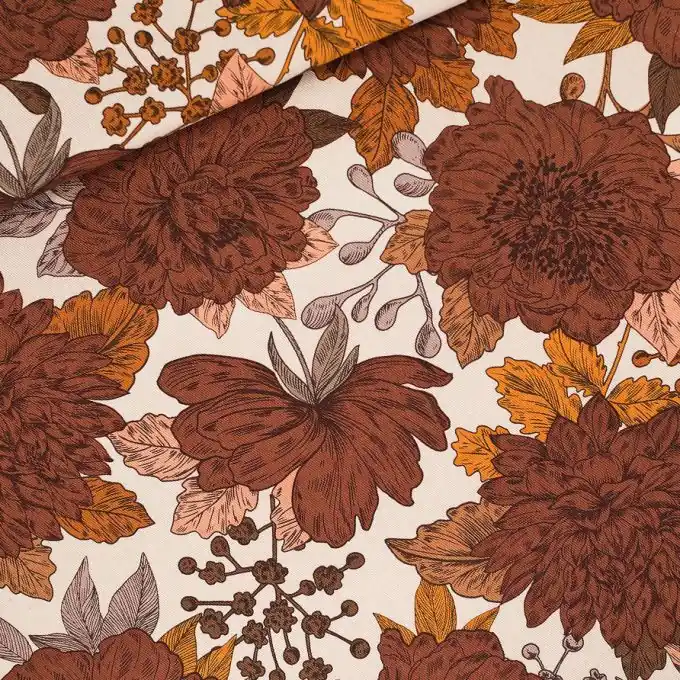 Preis Gesenkt Baumwollgabardine „Peonies“ Braun 150cm – See You At Six