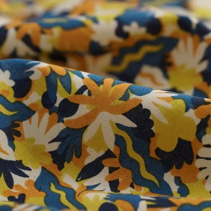 Aktuell Cretonne-Stoff Art Deko Blumen entenblau gelb