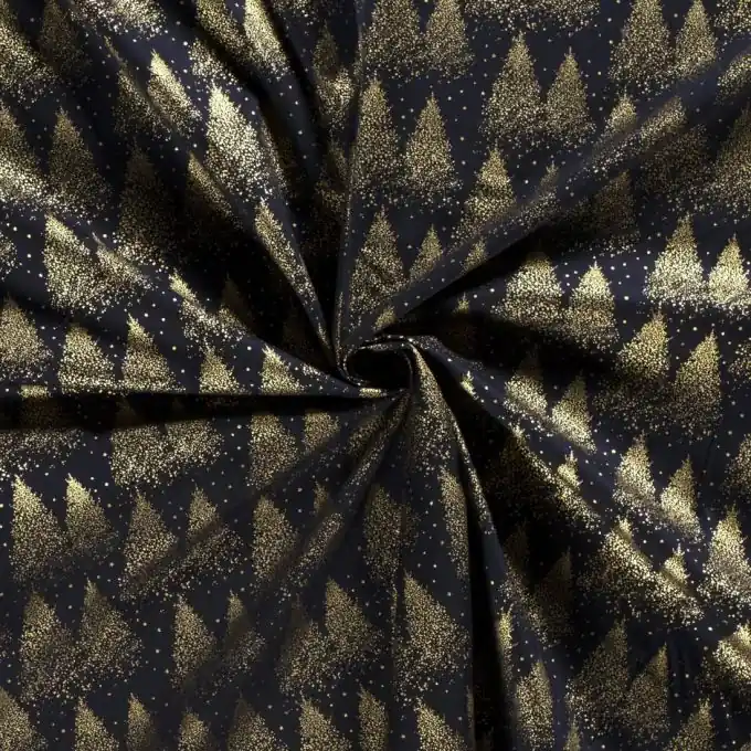 Exklusiv Dicker Baumwollstoff Tannenbäume gold blau