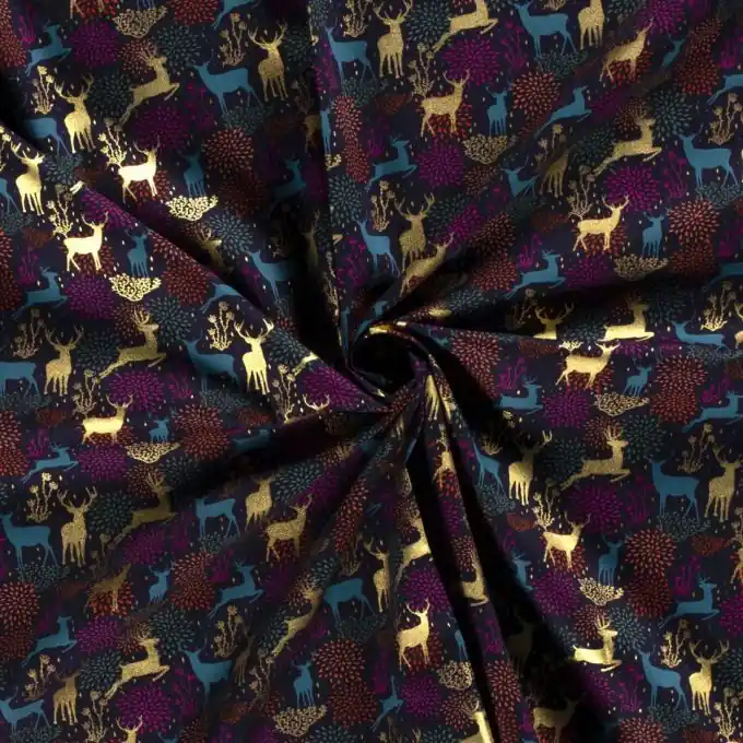 Preiswert Dicker Baumwollstoff verzauberter Wald Weihnachten gold blau