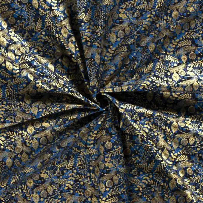 Preisknaller Dicker Baumwollstoff Weihnachtsgirlanden gold blau