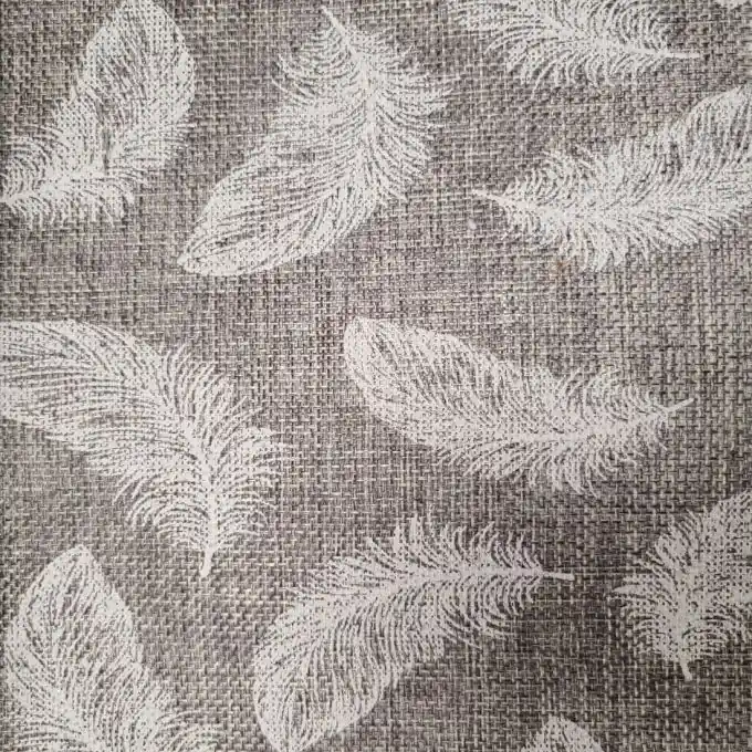 Stoff Juteoptik taupe Federn Weiß Kostenloser Versand