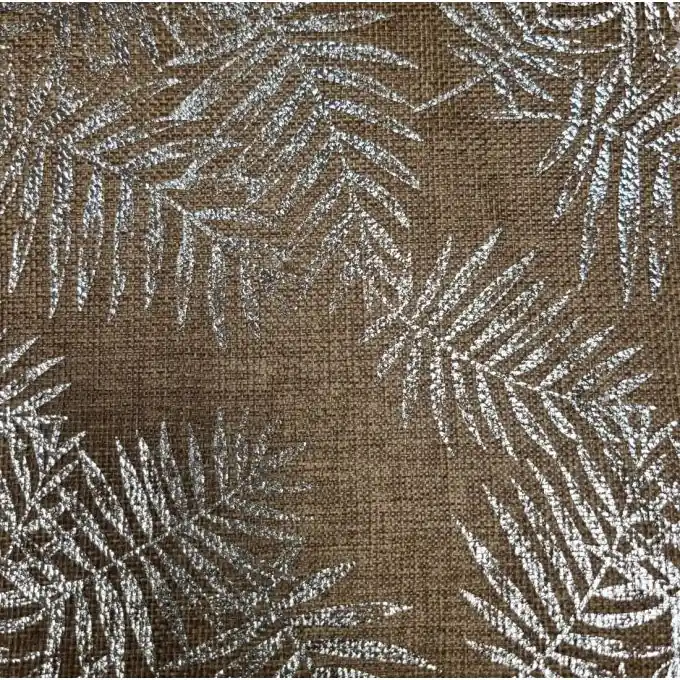Neuheit Stoff Juteoptik Palmen silbern