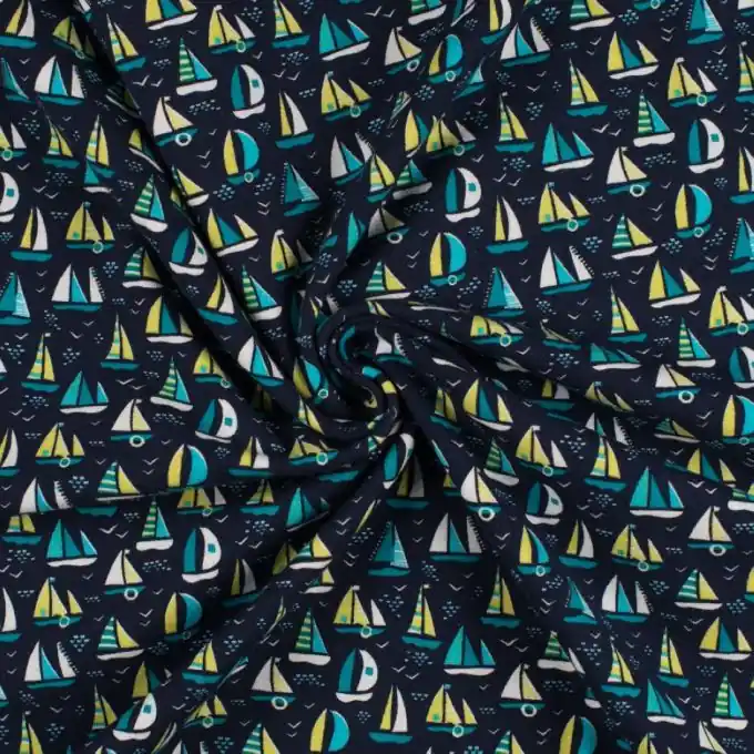 Mega-Angebot Baumwolljersey Segelschiffe marineblau türkis