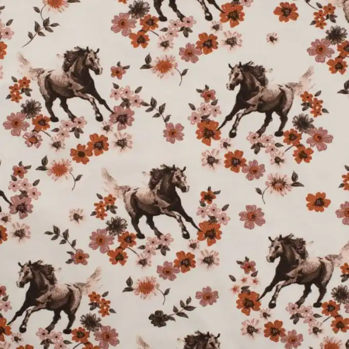 Jersey Baumwolle Pferde Blumen Ecru Jetzt Kaufen