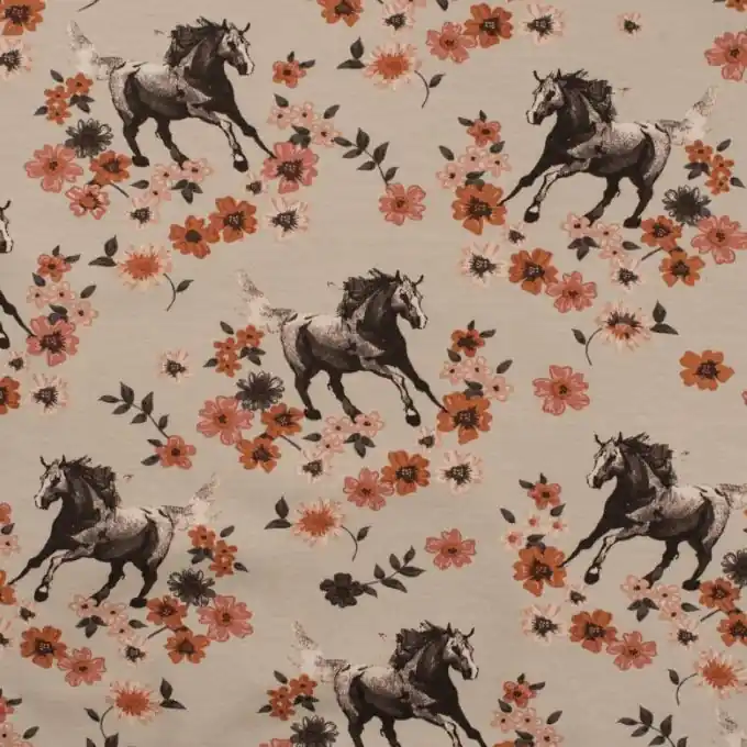 Sonderangebot Baumwolljersey Pferde Blumen babyblau