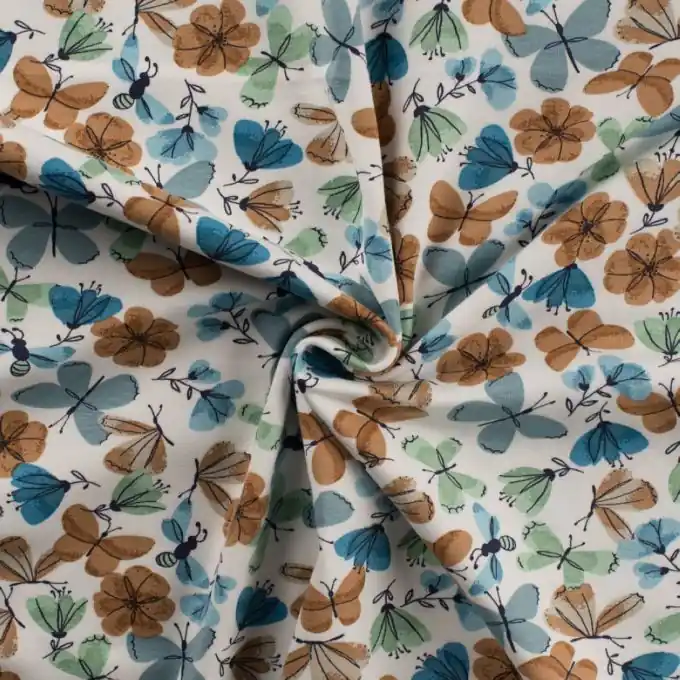 Jersey Baumwolle Schmetterlinge Blau/Ecru Neu Im Sortiment
