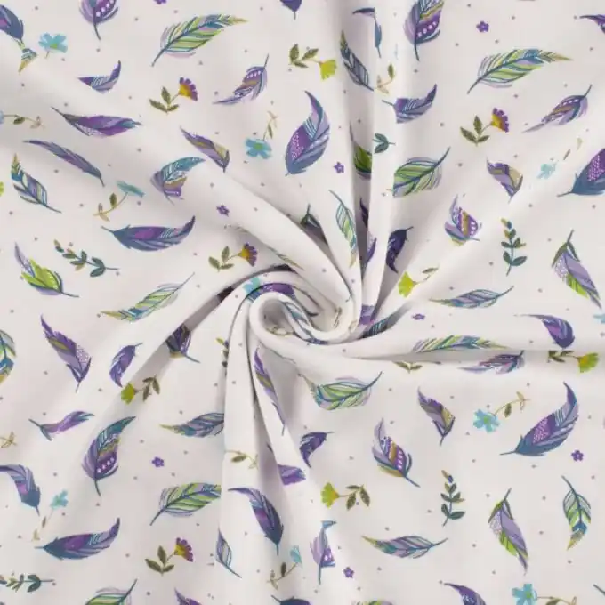 Baumwolljersey kleine Federn Flieder Weltweiter Versand