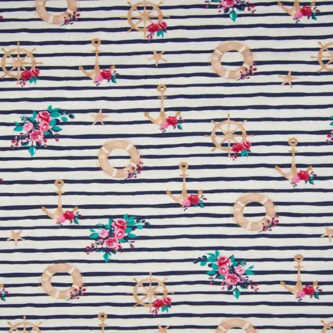 Jersey-Baumwollstoff Maritim Blumen Streifen 150cm Top-Preis