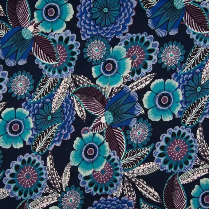 Jersey-Viskose Marineblau mit Blumen 150cm Breite Handgefertigt