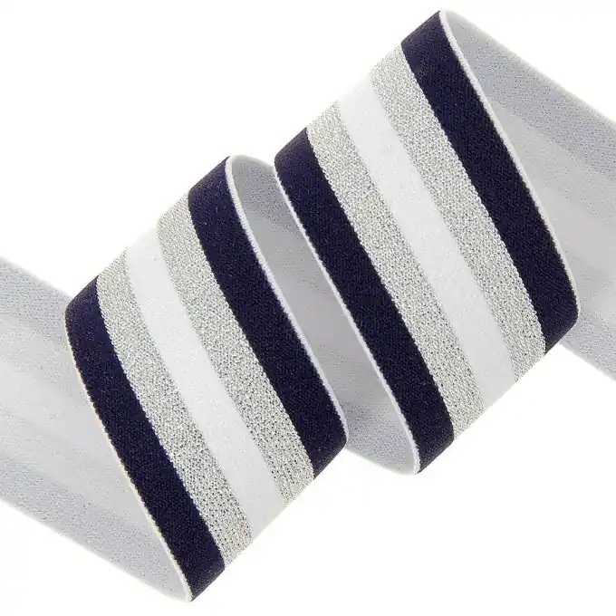 Gummiband Streifen Lurex Silber/Blau/Weiß 40mm Neue Kollektion