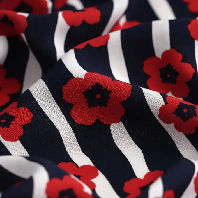 Neue Kollektion Popeline Viskose Streifen marineblau weiß Blumen