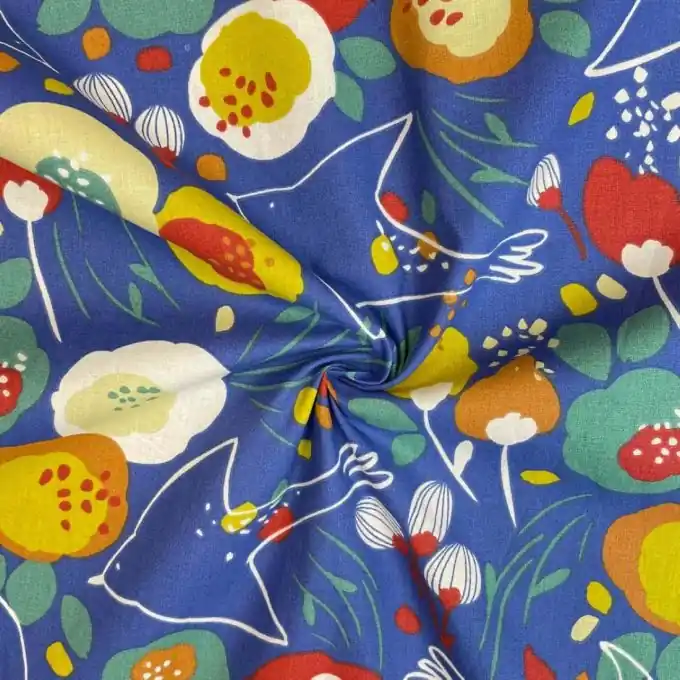 Abverkauf Baumwoll-Cretonne Stoff Blau Blumen-Vogel-Muster 150cm XXL