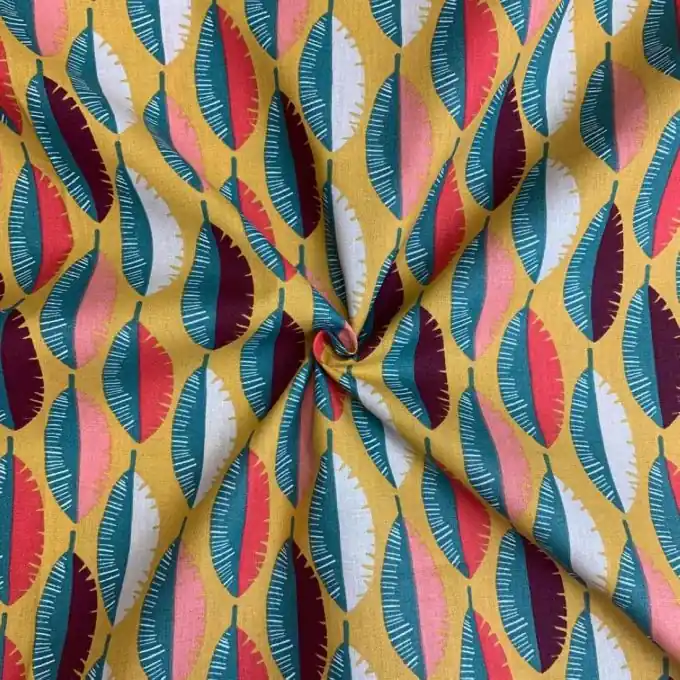 Jetzt Bestellen Baumwoll-Cretonne Stoff, 150 cm, Senfgelb mit Federdesign