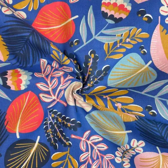 Neu XXL Baumwoll-Cretonne Blau Laubmuster 150cm Breit