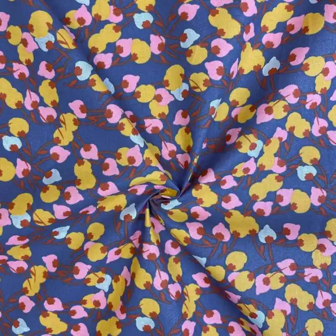 Baumwoll-Cretonne Stoff, Blau mit Seerosen Motiv, 150cm Geld-Zurück-Garantie