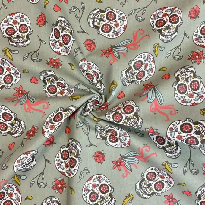 Knallerangebot Cretonne Baumwolle khaki Totenkopf