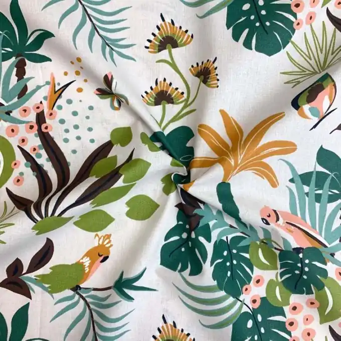 Sofort Bestellen Baumwollstoff mit Dschungelmuster, weiß, OEKO-TEX zertifiziert