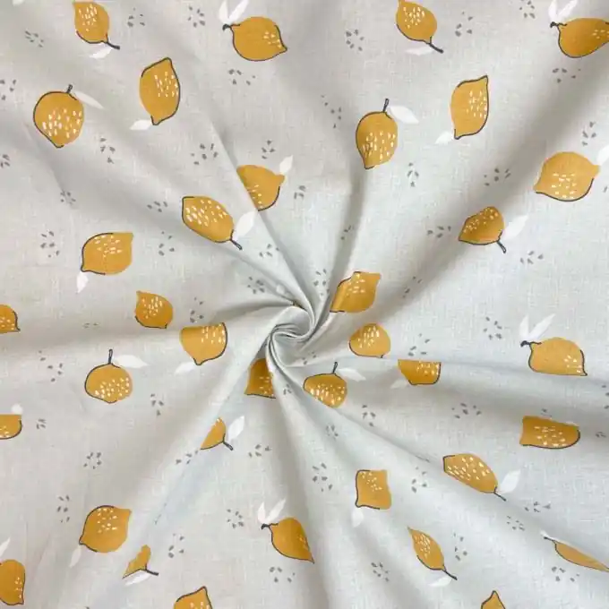 Cretonne Baumwolle perlgrau Zitronen senfgelb – OEKO-TEX zertifiziert Top-Qualität