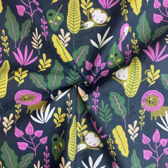 Cretonne Baumwolle Anthrazit Dschungel Bunt Highlight