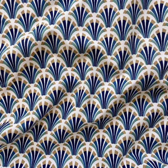 Kostenloser Rückversand Halbpanama Baumwolle Arabesken Art Deco blau