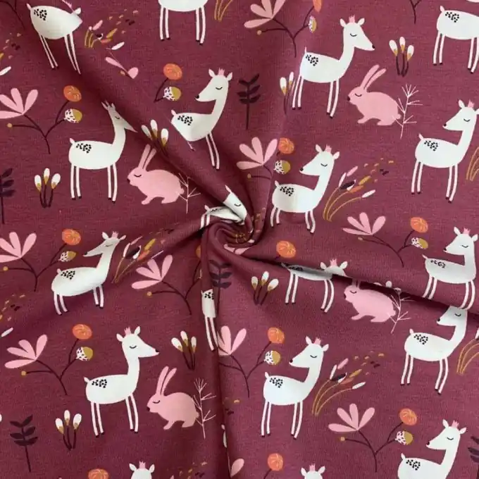 Limited Edition Jersey-Baumwollstoff Magisches Waldmuster Fuchsia 150cm