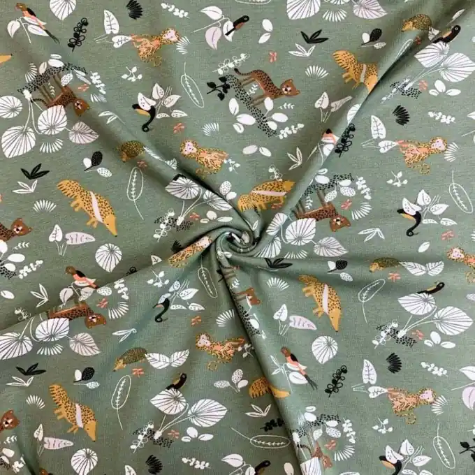Weltweiter Versand Jersey Baumwolle Blätter Tiere grün weiß