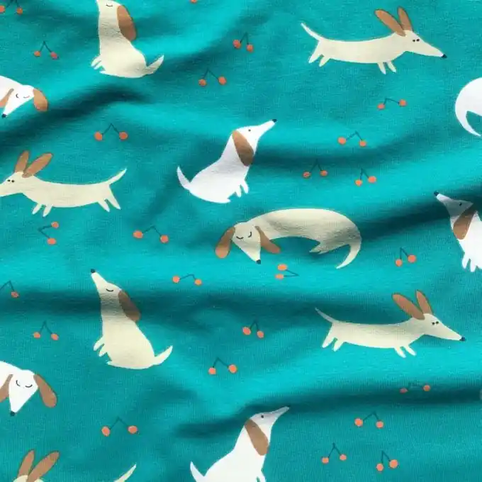 Ausverkauf Jersey-Baumwolle Hund & Kirschen Muster, 150 cm Breite