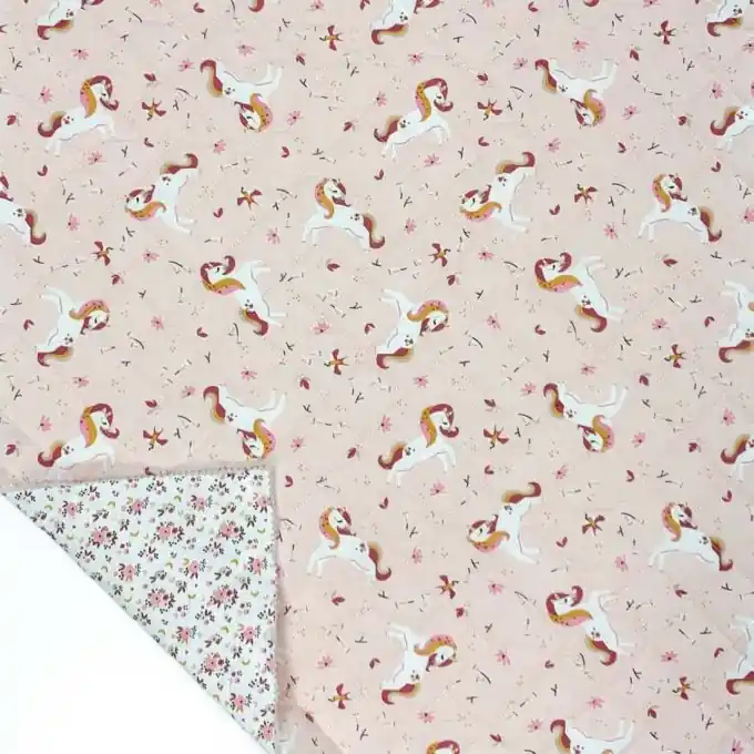 Steppstoff Einhörner Blumen rosa Preisreduziert