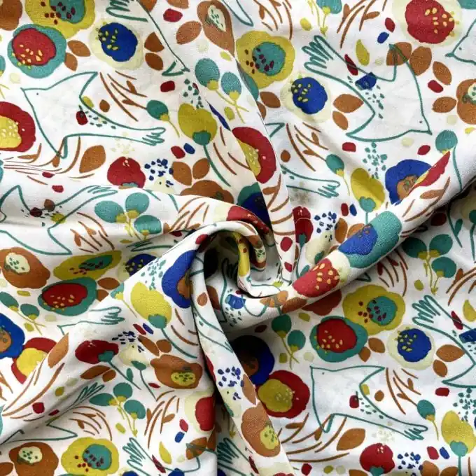 Popeline Viskosestoff Weiß Blumig Vögel 150cm Breit Neu