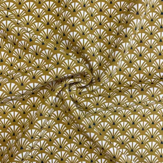 Beliebt Gelbes Viskose-Popeline-Stoff mit weißem Art-Deco-Fächer-Muster