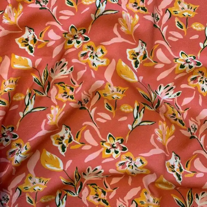 Popeline Viskosestoff Koralle mit Gelben Petunien, 150 cm Breite Billig