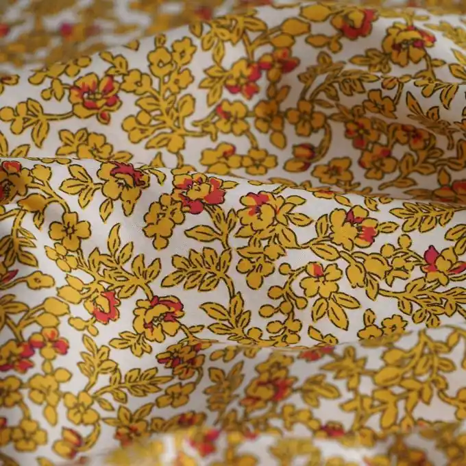 Popeline Baumwolle Pfingsrosen senfgelb ecru Highlight
