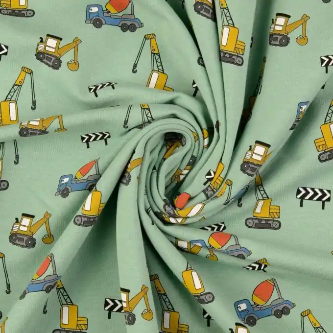 Heute Kaufen French Terry Sweatshirt Grün mit Baggermotiv 148cm Breit