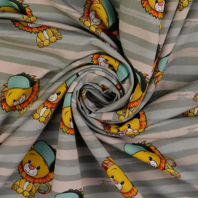 OEKO-TEX French Terry mit grauen Streifen & Löwen-Prints Rabatt