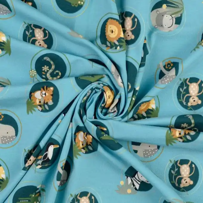 Preisreduziert Jersey Bio Baumwolle Tiere grün blau