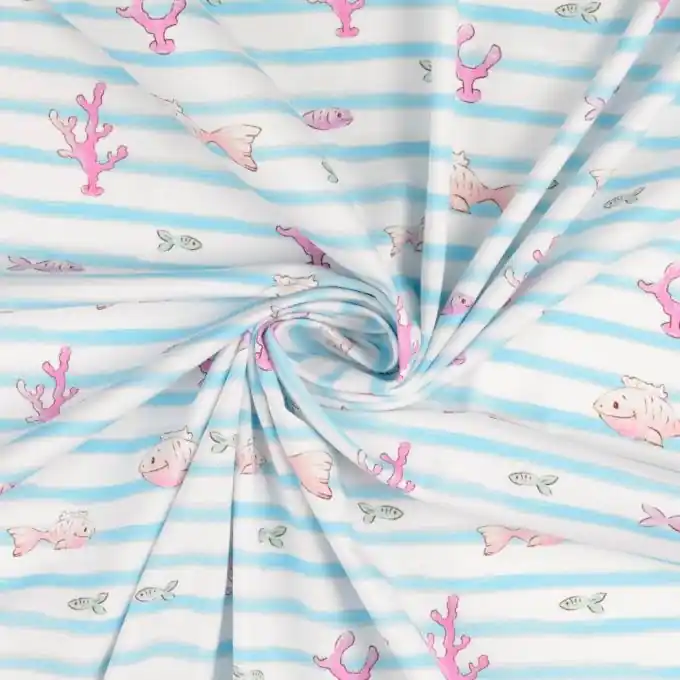 Jersey Baumwolle Streifen Himmelblau Fische Ausverkauf