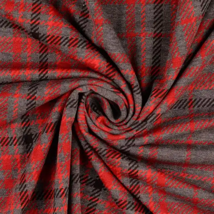 Jacquard Strick Schottenmuster Rot-Grau 157cm Breite Ausverkauf