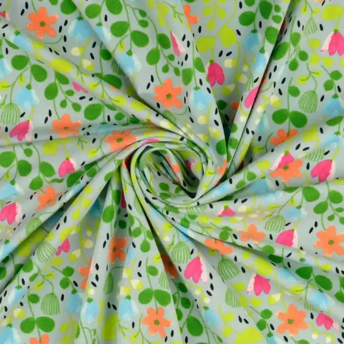 Sale Baumwolljersey Sommerblumen blau grau