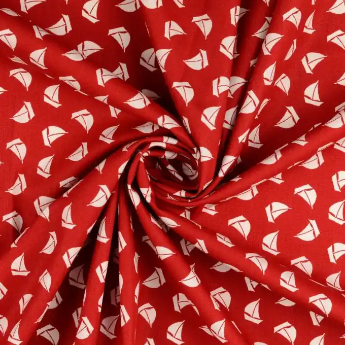 OEKO-TEX Baumwoll-Popeline mit Segelbootenprint in Rot Geld-Zurück-Garantie
